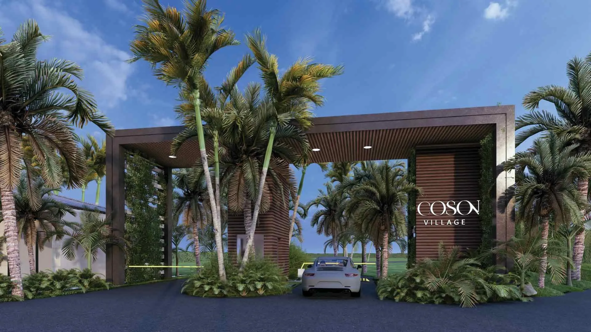 Render: portón de entrada de Cosón Village
