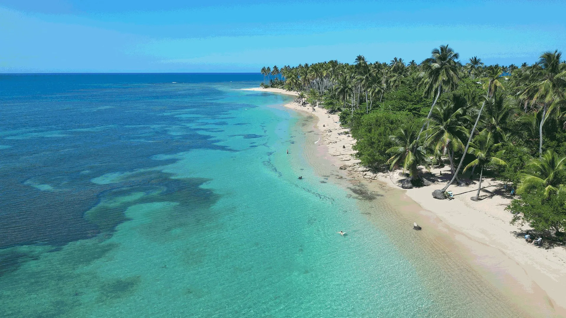 Aerial view of Playa Cosón with reef and turquoise water