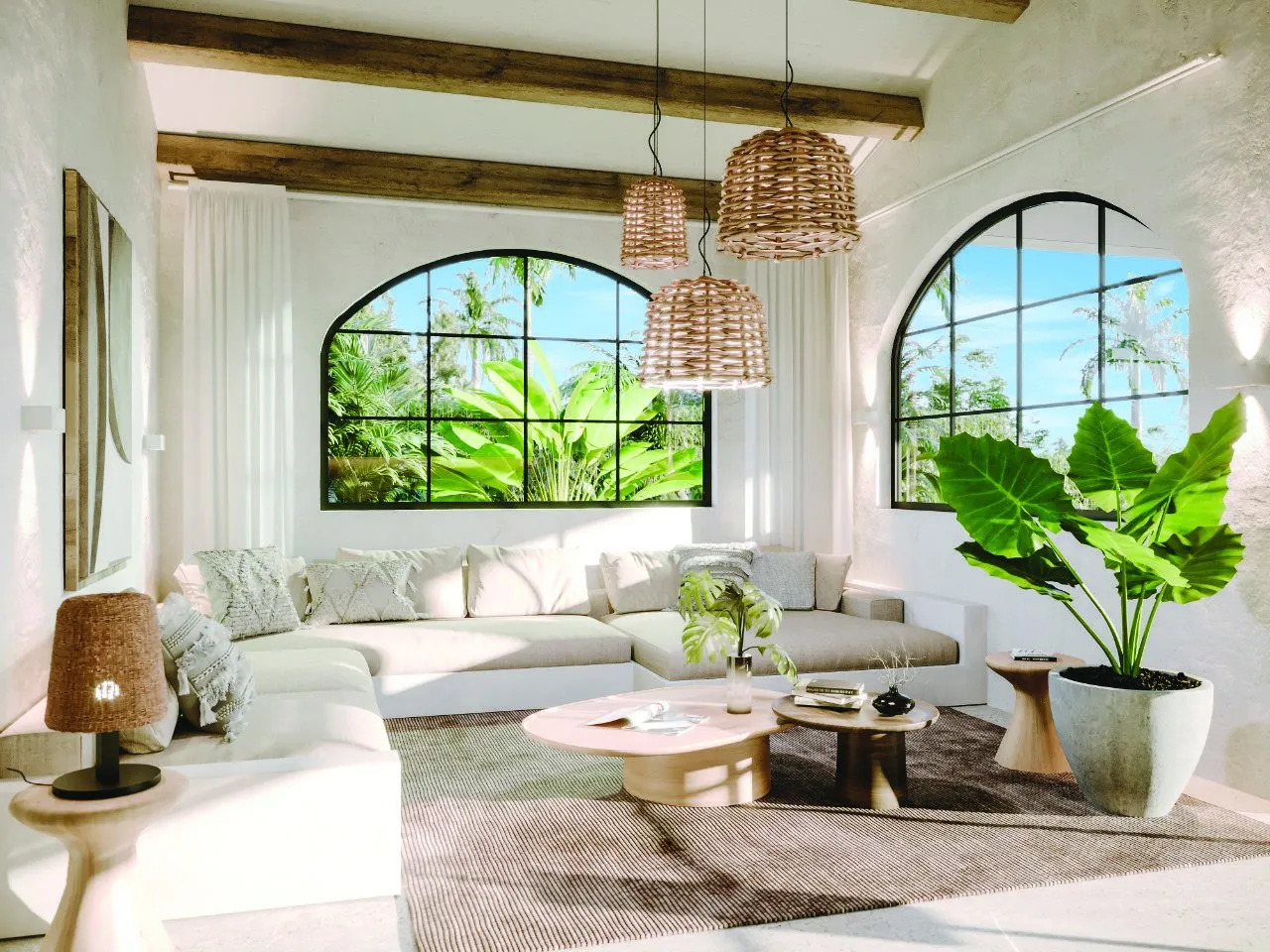 Rendering Villa Tipo A: living room with arched windows